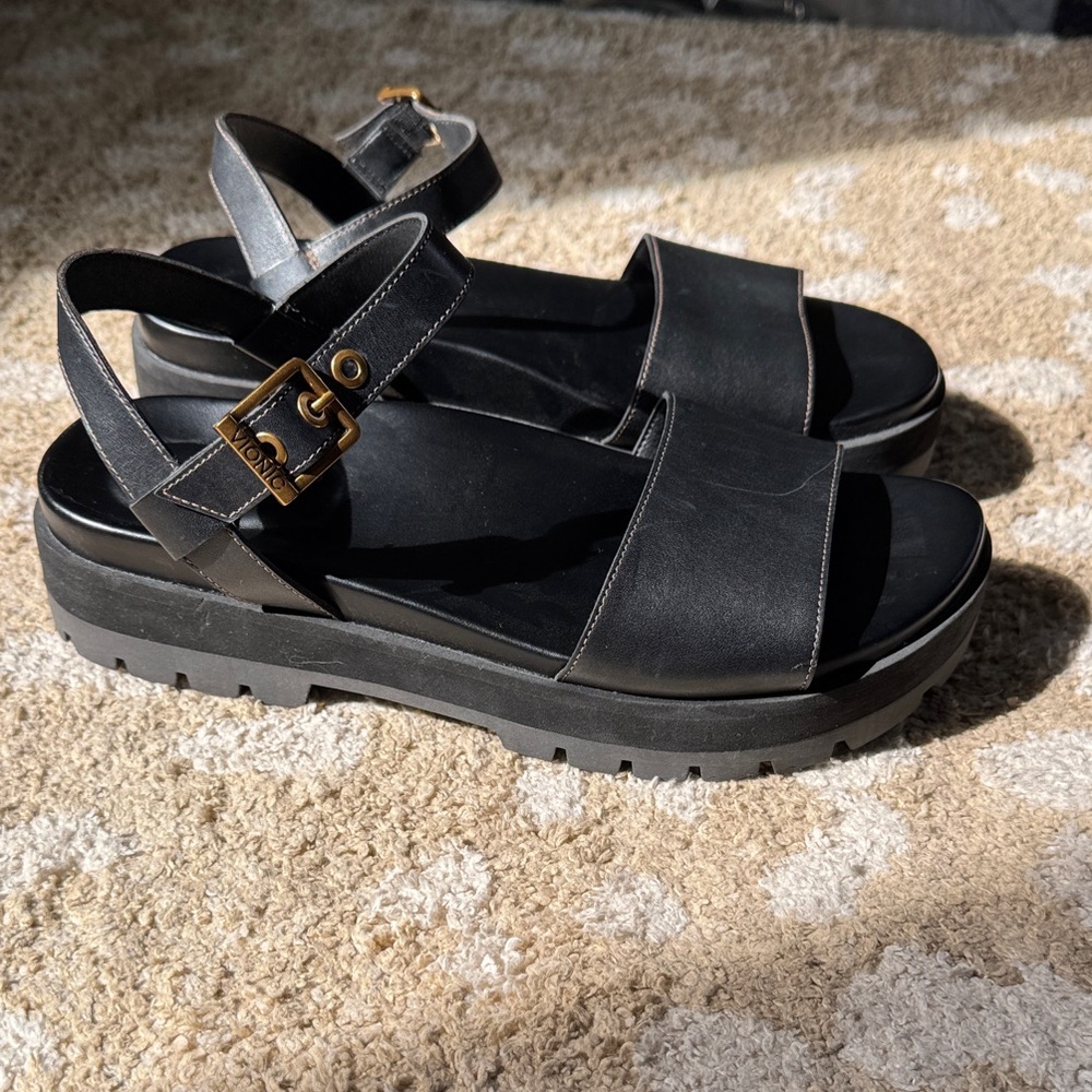 Vionic Black Platform Slingback Sandals with Gold Buckle